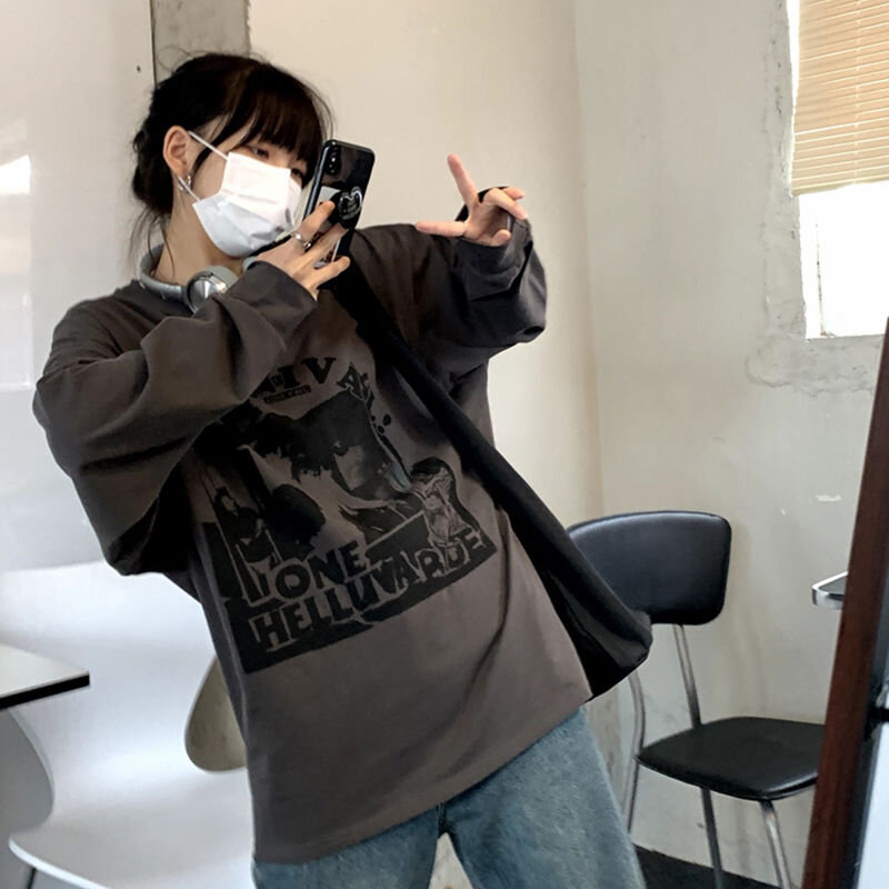 Kaos Lengan Panjang Harajuku HOUZHOU Y2k Wanita Kaus Atasan Estetika Antik Grunge Musim Gugur Kaus Dasar Gotik Pakaian Jalanan Korea