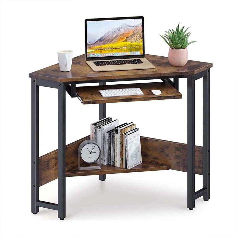 โต๊ะคอมพิวเตอร์สามเหลี่ยมมุม odk พร้อมพื้นที่จัดเก็บและถาดรองคีย์บอร์ดสีน้ำตาลแบบเรียบง่าย