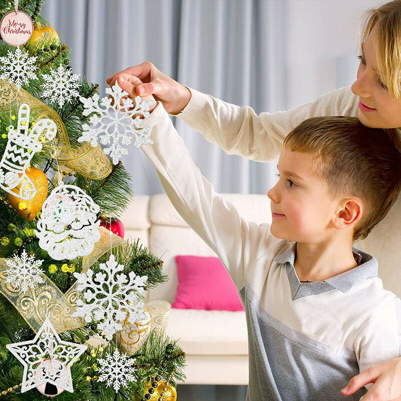 Dekorasi pohon Natal 44/20 buah, ornamen gantung pohon manusia salju rusa Santa kepingan salju ornamen untuk pesta musim dingin tahun baru