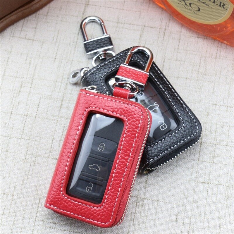 Leather Car Key Case Transparent Window Soft Cowhide Car Key Case Korean And Japanese-Style Zipper Multi-Color Car Key Case