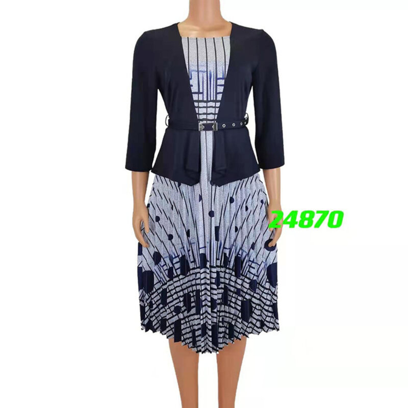 فستان متأرج بتصميم A Line بخصر عالي للنساء مع حزام ، بياقة بيتر بان ، طباعة متداخلة ، مقاس كبير ، ML101Q62 ، 2023 ، مقاس 3XL