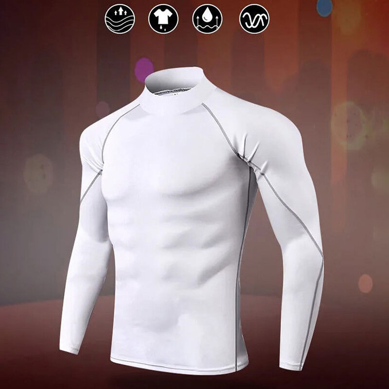 Kaus Gym olahraga pria, pakaian dalam termal leher kura-kura lengan panjang musim gugur nyaman digunakan cocok untuk lari