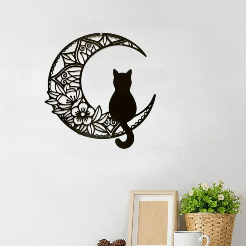 Décoration murale en métal chat et lune, chat noir sur le frontement mural de la lune, sculpture murale pour les amoureux des chats, cadeau de décoration d'intérieur, 1PC