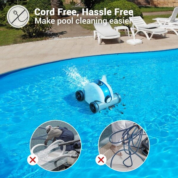 Cordless Robotic Pool Cleaner, Automatic Pool Vacuum with 60-90 Mins Working Time, Rechargeable Battery, IPX8 Waterproof