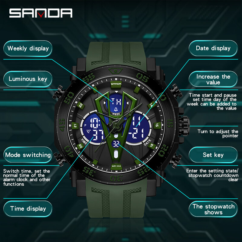 Часы наручные SANDA Мужские Цифровые, армейские спортивные Кварцевые водонепроницаемые электронные с хронографом, оригинальные, 50 м, 6105