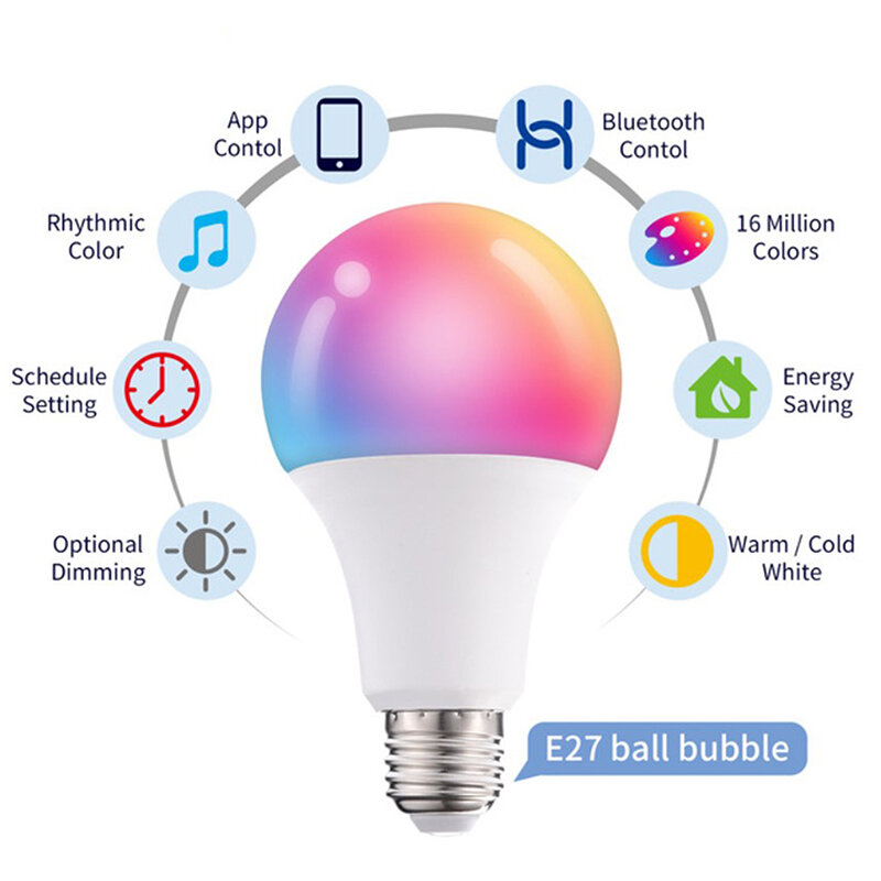 Bohlam lampu pintar LED E27 RGB, 15W kontrol Blue-tooth, lampu LED dapat diredupkan, dekorasi rumah
