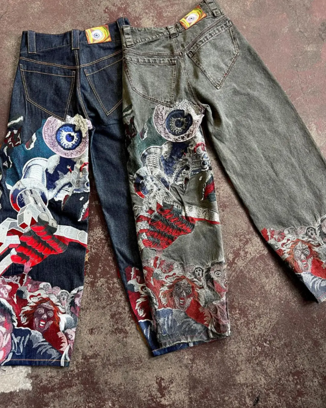 Jeans Baggy masculino e feminino, Y2K, Harajuku, gráfico de bordado, alta qualidade, vintage, streetwear, moda gótica, solto, novo, 2023