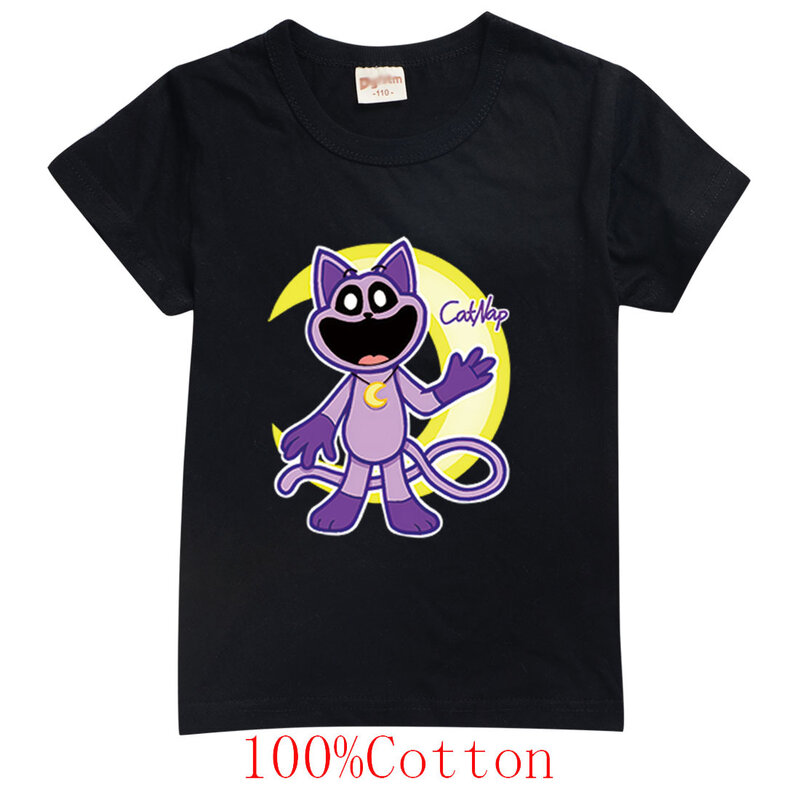 Critters-Camiseta de algodón con estampado de gato sonriente para niños y niñas, camisa negra informal, ropa deportiva, Tops de verano