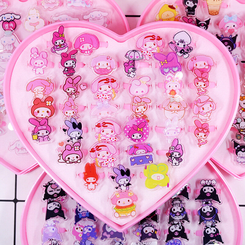 Set cincin anak-anak Sanrio Hello Kitty, cincin bayi dapat disesuaikan, cincin mode kartun anak perempuan, kotak hati hadiah Natal 36 buah