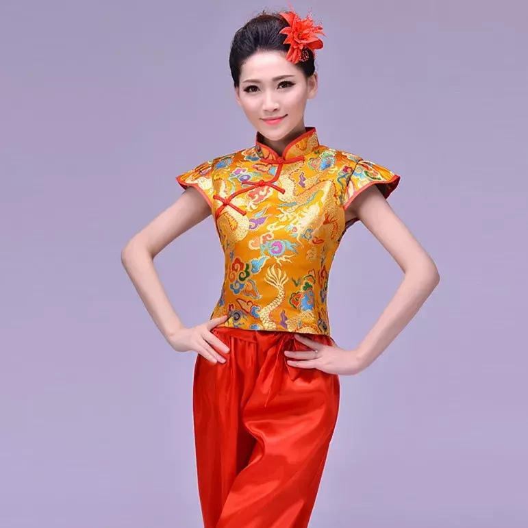 Trajes de dança chinesa para mulheres, padrão dragão hanfu, Top Fashion Disfraces, Drum Yangko Wear, palco nacional traje