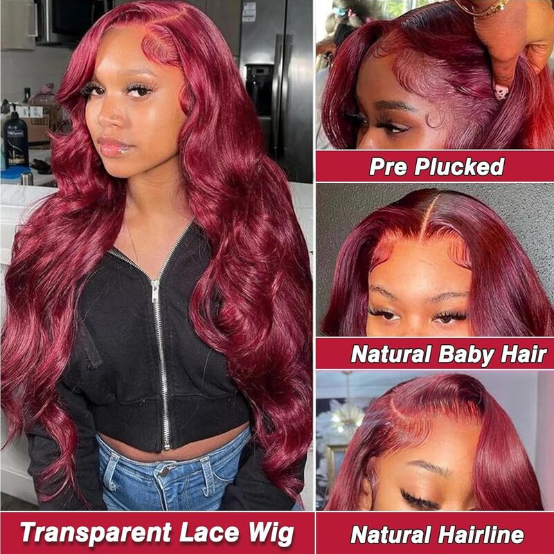 Peluca de cabello humano ondulado con encaje Frontal, pelo de bebé prearrancado, Color rojo vino, 13x4, HD, 99J, 30 pulgadas