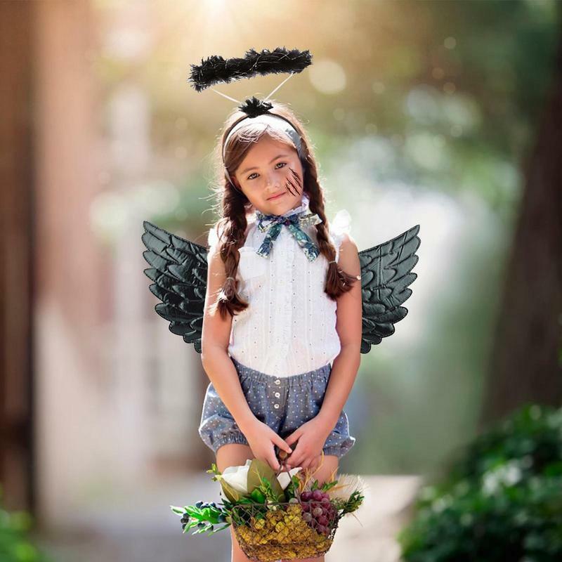 Black Angel Wings Cosplay malaikat gelap sayap Iblis Kit gaun Halo perlengkapan Cosplay Novel untuk anak perempuan kecil Masquerade bagian ulang tahun