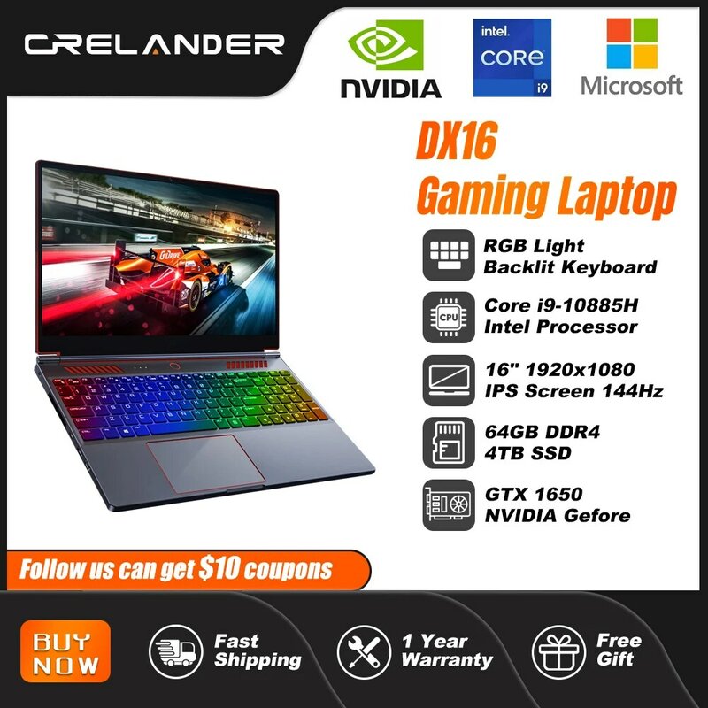 CRELANDER-Ordinateur portable de jeu, 16.1 pouces, processeur Intel Core i9 10e génération, Nvidia Graphic GTX 1650, écran IPS 144Hz