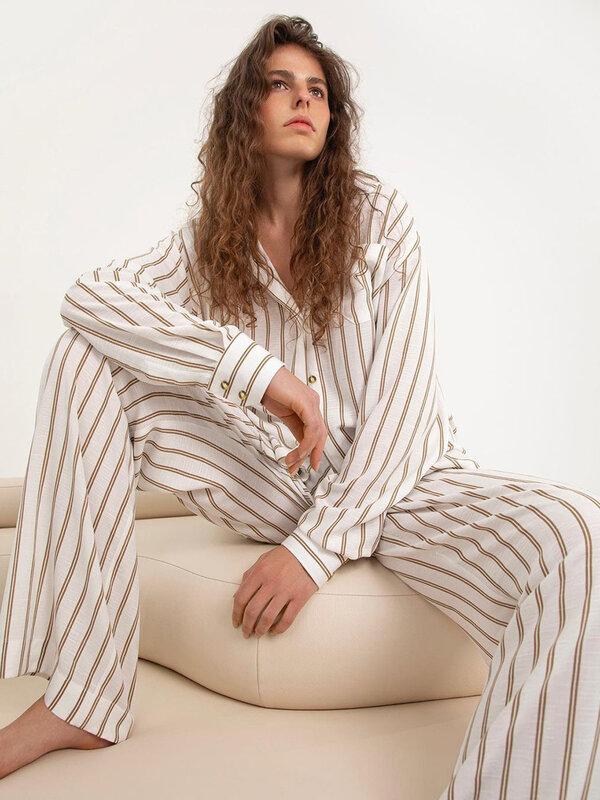 Marthaqiqi-traje de dormir a rayas para mujer, camisones de manga larga, pantalones de pijama con cuello vuelto Sexy, conjunto de ropa de dormir informal para mujer