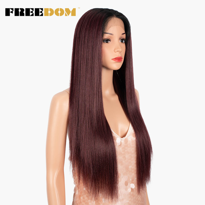 FREEDOM-peluca sintética con malla frontal para mujer, cabellera sintética 100% natural, color negro y rojo, recta, de 28 pulgadas, resistente al calor, color rubio, para Cosplay