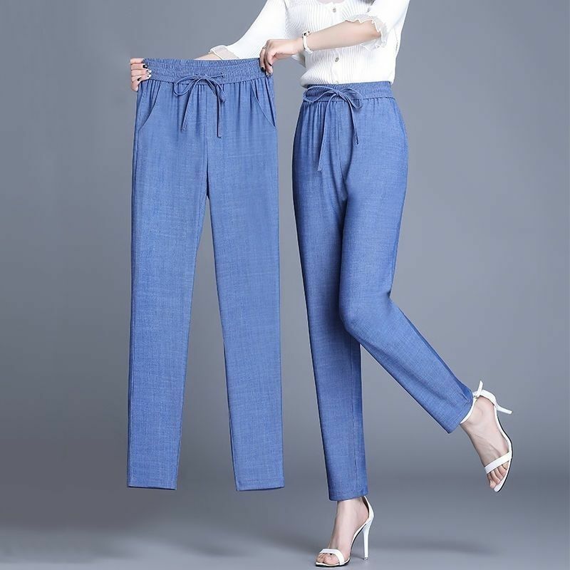 Celana Jeans tipis warna polos wanita, Bawahan kasual Korea elastis pinggang tinggi serut kantong longgar kasual 2024