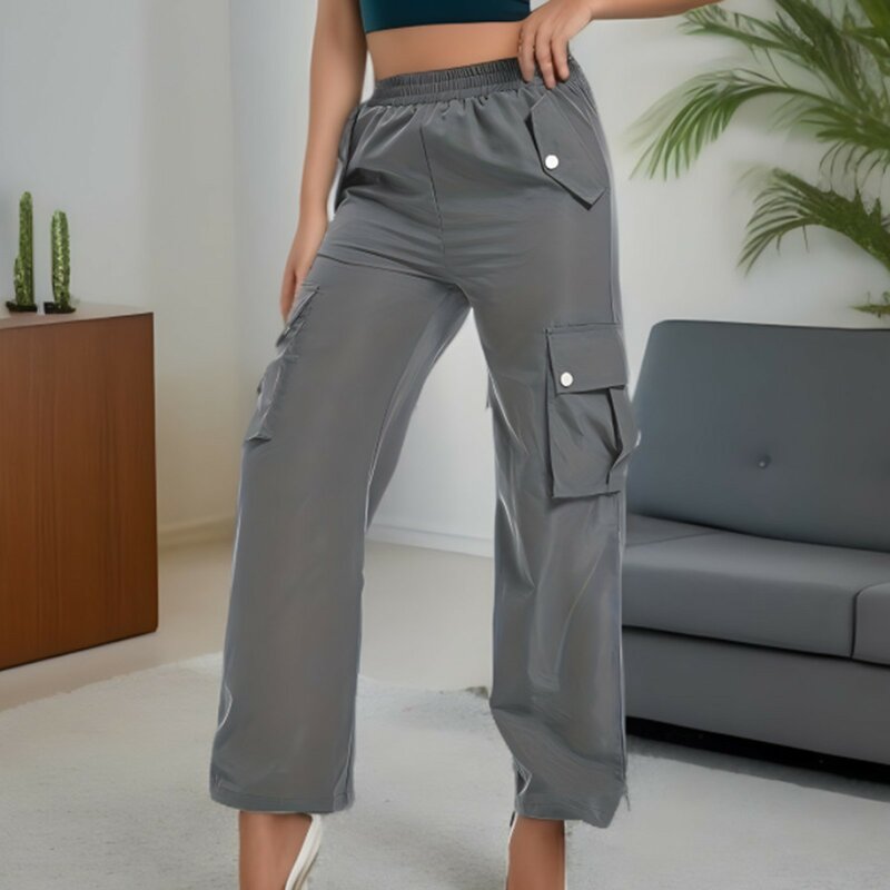 Letnie damskie w stylu Vintage Grey Cargo spodnie z wysokim stanem dżinsy z szeroką nogawką luźna moda codzienna z wieloma kieszeniami Hip Hop Street Style