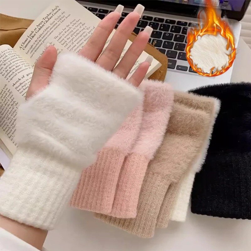 Women's Warm Wool Half Finger Gloves Winter Plush Knit Wrist Guard Solid Mittens  Finger Touchscreen Office Students Writting