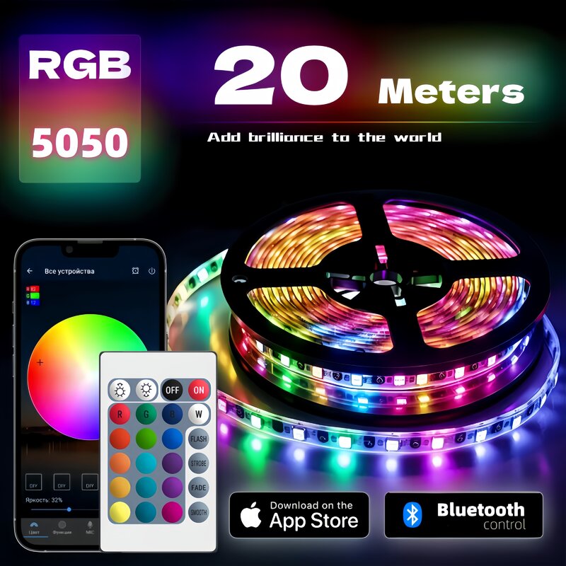 RGB LED Strip Light com controle remoto para decoração de casa, fita flexível da lâmpada, USB, Bluetooth, luz de fundo, festa, TV, 1-20m, 5050, 12 LED