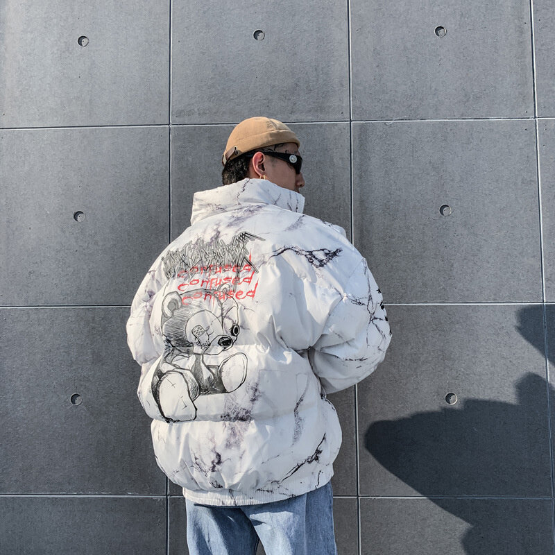 หมีการ์ตูนการพิมพ์ลง Jacket Mens Hipster ฤดูหนาว Thicken Warm Parkas ชาย Streetwear Hip Hop ขนาดใหญ่แจ็คเก็ตแจ็คเก็ตเสื้อผ้าผู้ชาย