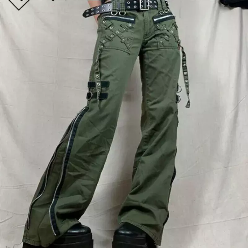 Pantaloni da donna Gothic Punk Baggy Vintage Kawaii pantaloni fasciatura vita bassa pantaloni Cargo Grunge Green Zipper Jeans corea pantaloni della tuta
