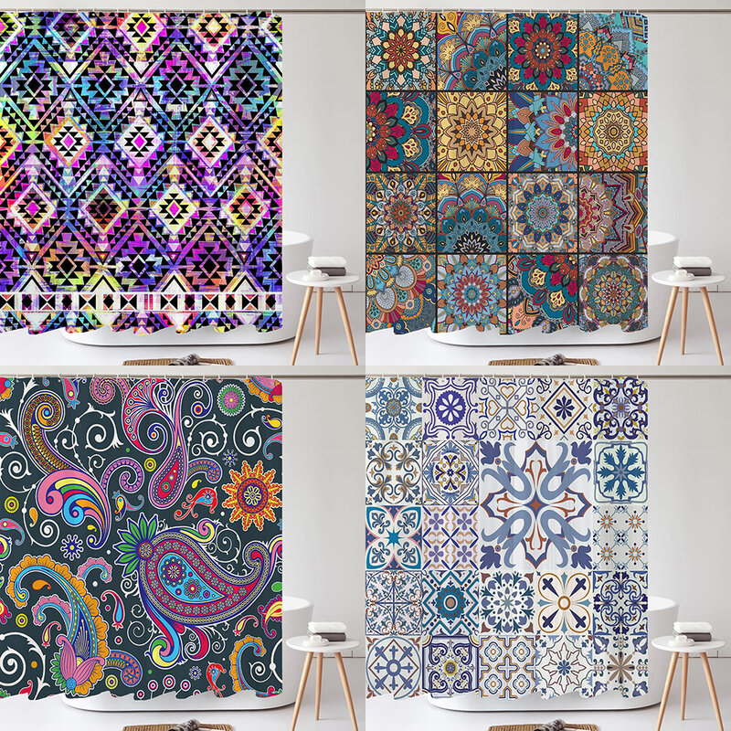 Bathroom Abstract Bohemian Shower Curtain Medieval Nordic Art Boho Printed Polyester Fabric Shower Curtain with Hooks