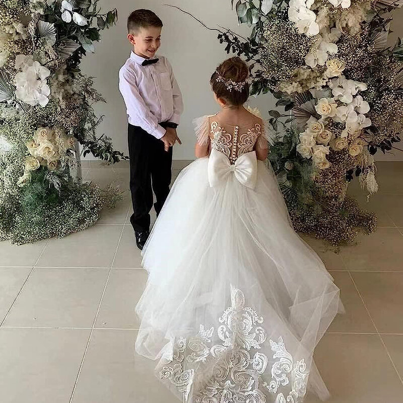 Champagne Flower Girl Dresses For Girls Lace Appliques Princess Wedding Guest Party Christmas Gowns For 3 to 9 Years Kids