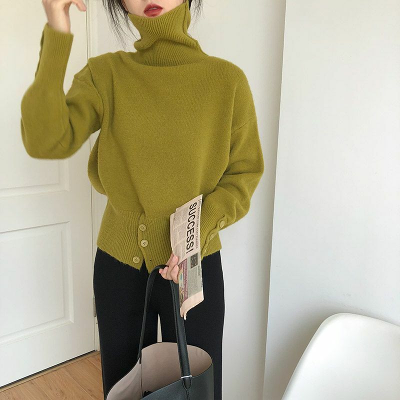 Knitted Turtleneck Sweaters Women Pullovers Y2k Chic Button Design Korean Fashion 5 Colors Retro Elegant Ladies Autumn Winter