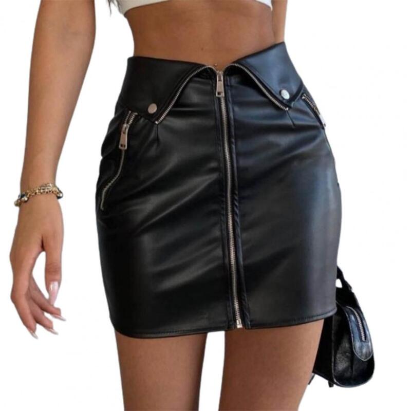 Women High-waist Skirt Sexy High-waist Faux Leather Skirt with Zipper Closure Slim Fit Wrapped Mini Skirt for Women Punk Style