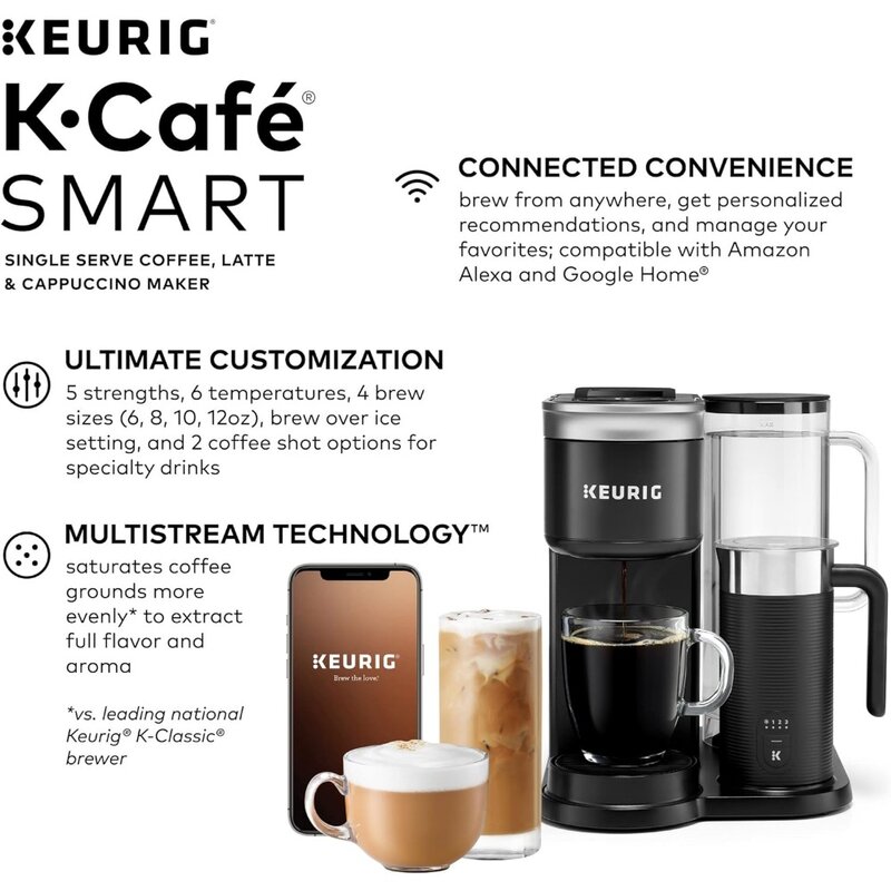 New-Keurig K-Cafe Smart SINGLE Serve K-Cup POD กาแฟ, LATTE และ Cappuccino ชงสีดำ