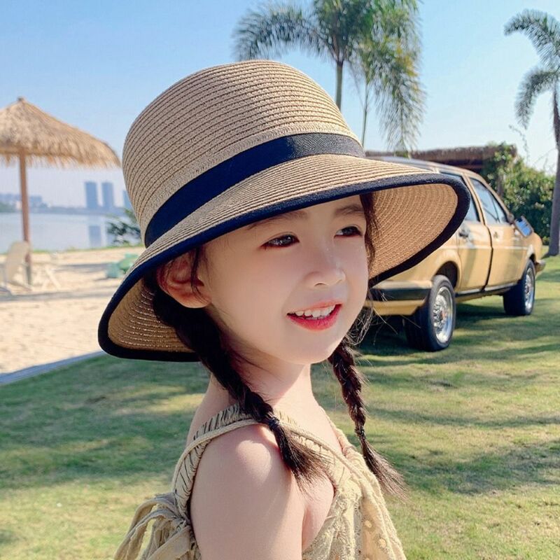 قبعة شمس للشاطئ تسمح بمرور الهواء للأطفال ، قبعة قش بحافة كبيرة خفيفة الوزن لطيفة ، قبعة صيادين لحماية الشمس