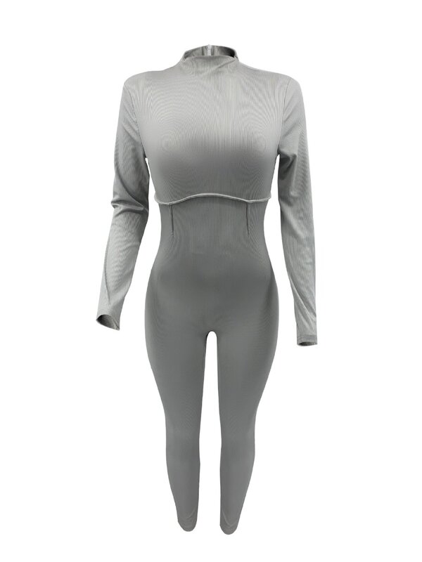 LW Turtleneck Stitch Jumpsuit Women's Zipper Skinny Sheath Body-shaping Stretchy Trendy Bodysuits Plain Long Sleeve Rompers