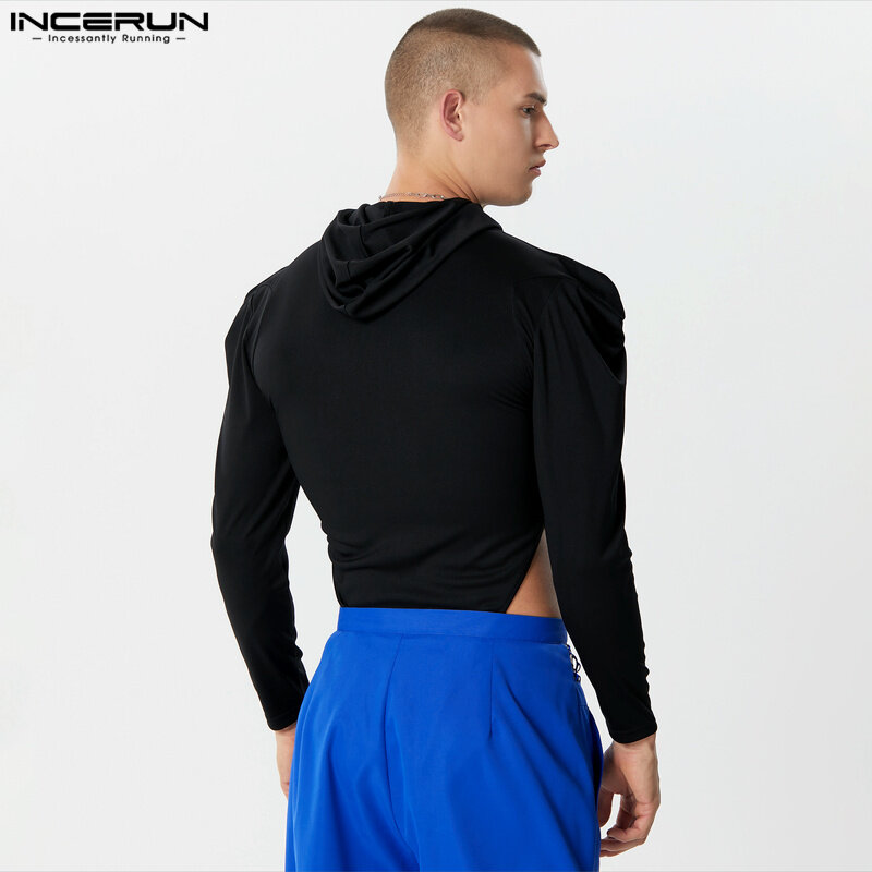 Incerun-Bodysuit masculino monocromático com capuz com zíper, manga comprida, macacão casual, streetwear magro, moda masculina, S-3XL, 2023