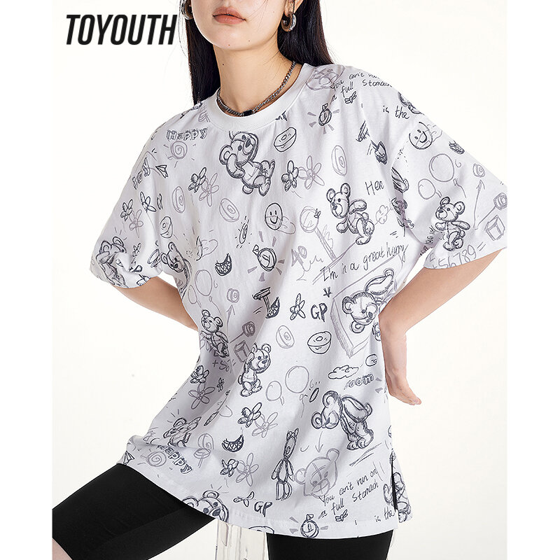 Toyouth-camiseta de manga curta para mulher, gola redonda, solta, divertida, graffiti, estampa urso, casual, chique, rosa e branco, verão, 2023