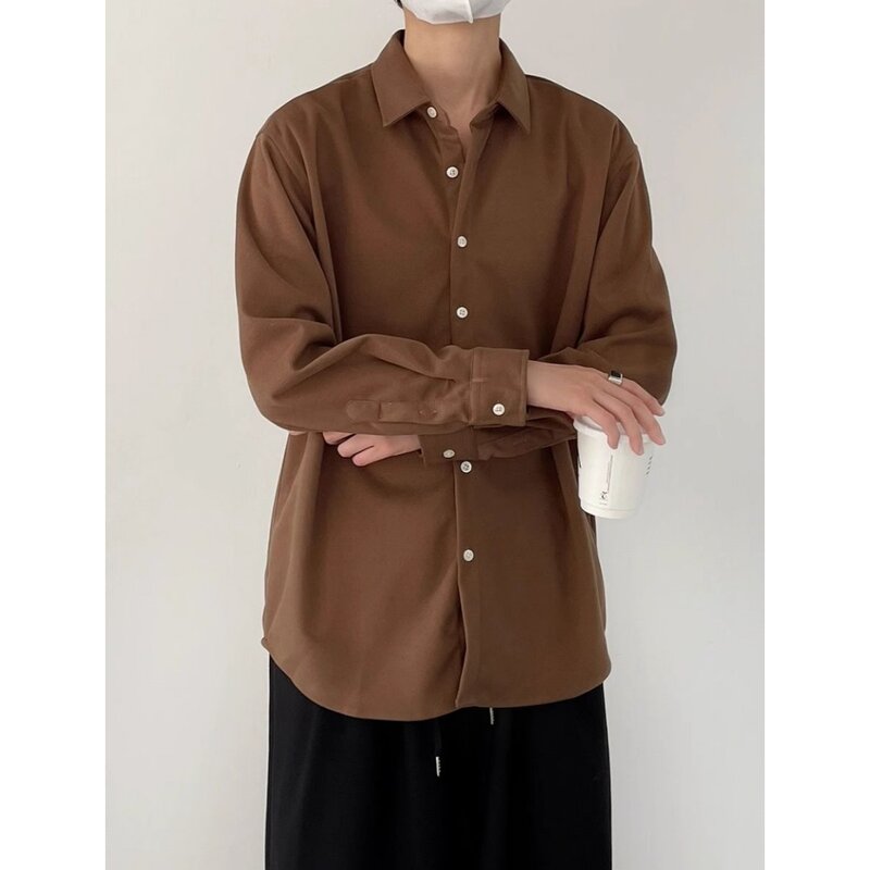 Camisas de manga comprida masculina, cor sólida, sem ferro, moda coreana de alta qualidade, Harajuku, casual solto, vestido interior, novo, primavera