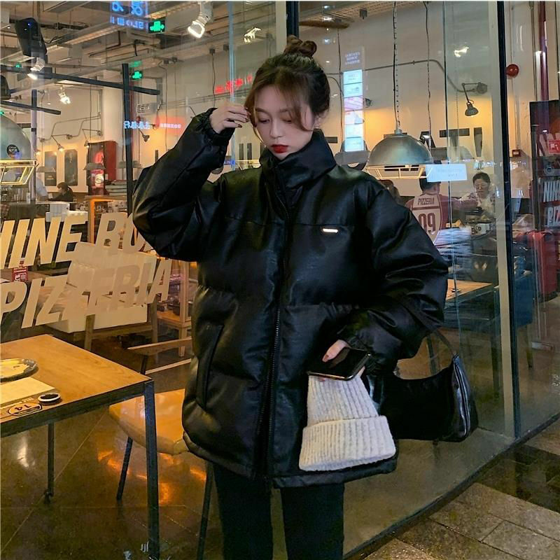 Parka donna stile coreano nuovo cuoio dell'unità di elaborazione sciolto spesso inverno capispalla moda nero Stand colletto tasche Warm Office Lady Baggy