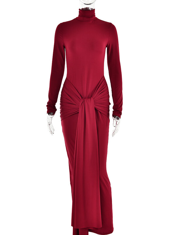 Articat 여성용 하이 넥 긴팔 랩스커트, 타이트한 탄성 레이스업 맥시 롱 드레스, 2023 가을 신상 파티 클럽 베스티도