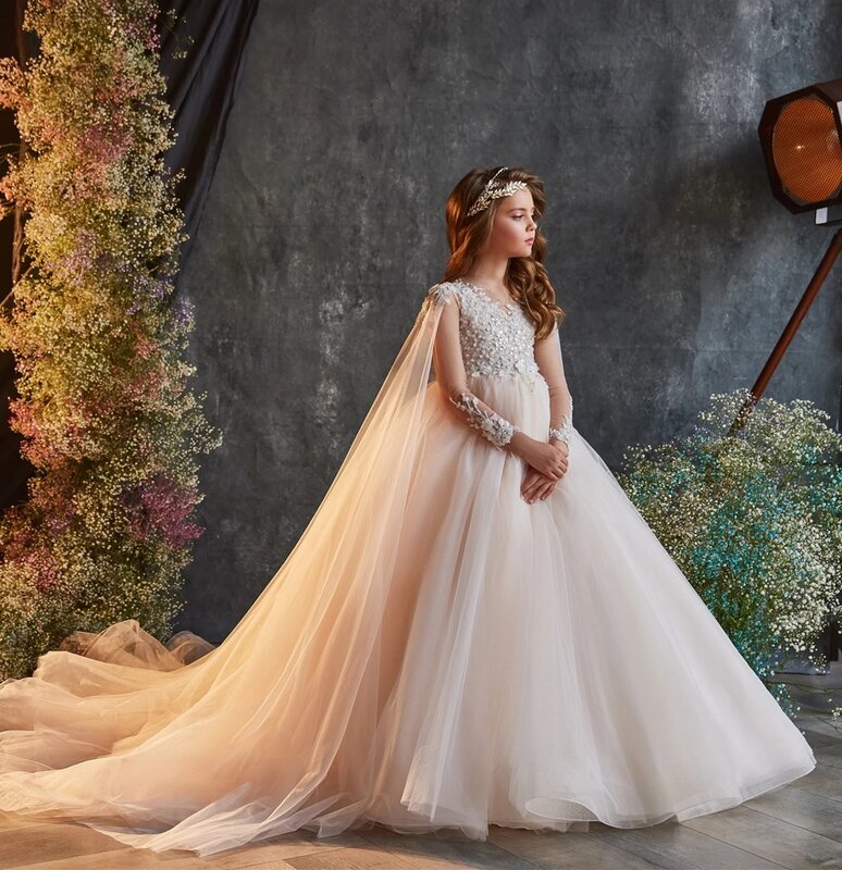 Gaun Gadis Tulle Glitter Sampanye Mewah untuk Pesta Pernikahan Kostum Putri Anak-anak Gaun Komuni Pertama