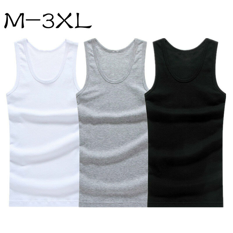 M-XXXL 3ชิ้นชุดชั้นในผู้ชายผ้าฝ้ายแขนกุดเสื้อกั๊กกล้ามสีทึบเสื้อกล้าม Baju Tank Top gymclothing ผู้ชายสีเทาสีขาวสีดำ