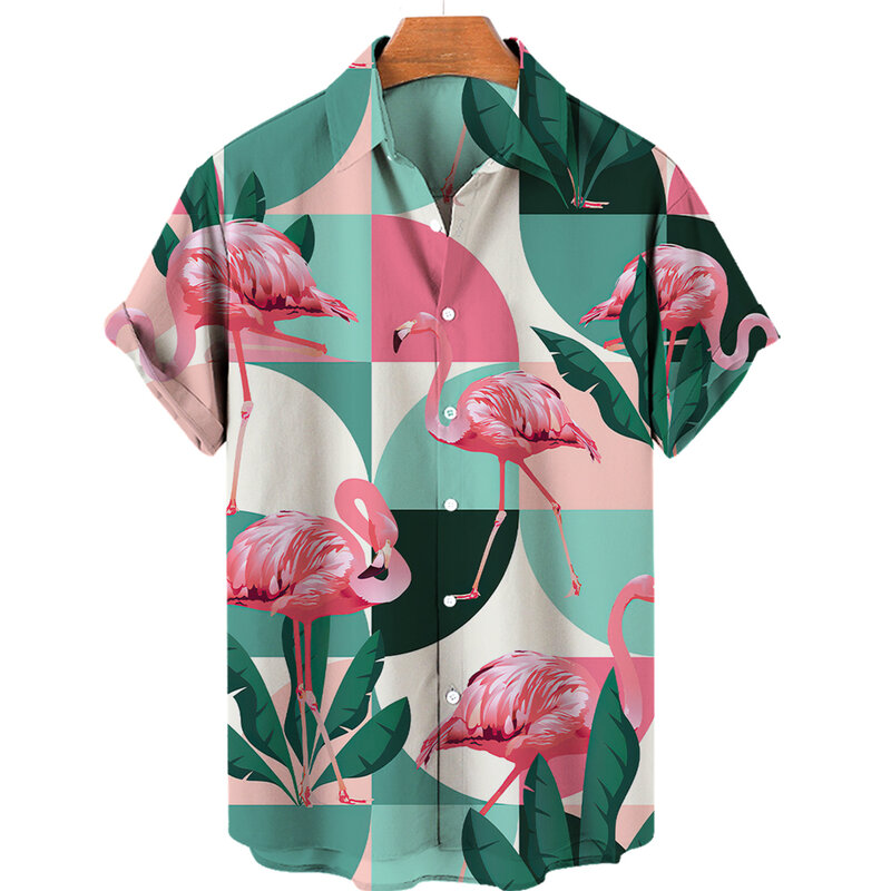 하와이안 열대 식물 꽃 플라밍고 프린트 디자인 남성용 반팔 셔츠, 해변 해변 패션, 단추 다운 셔츠 탑