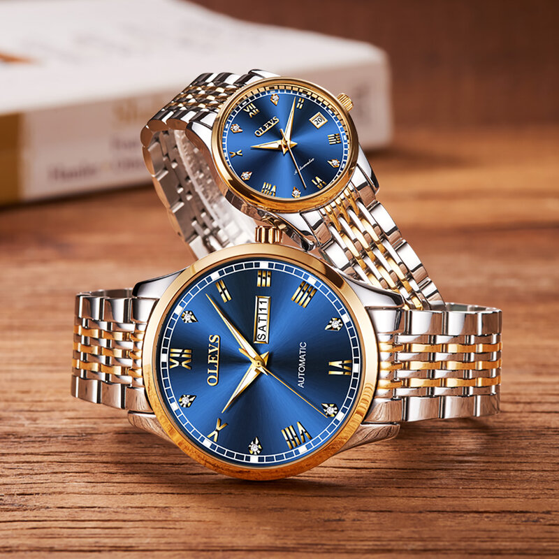 OLEVS-새로운 럭셔리 커플 시계 자동 기계식 손목 시계, 패션 연인 클래식 방수 시계, 연인의 선물