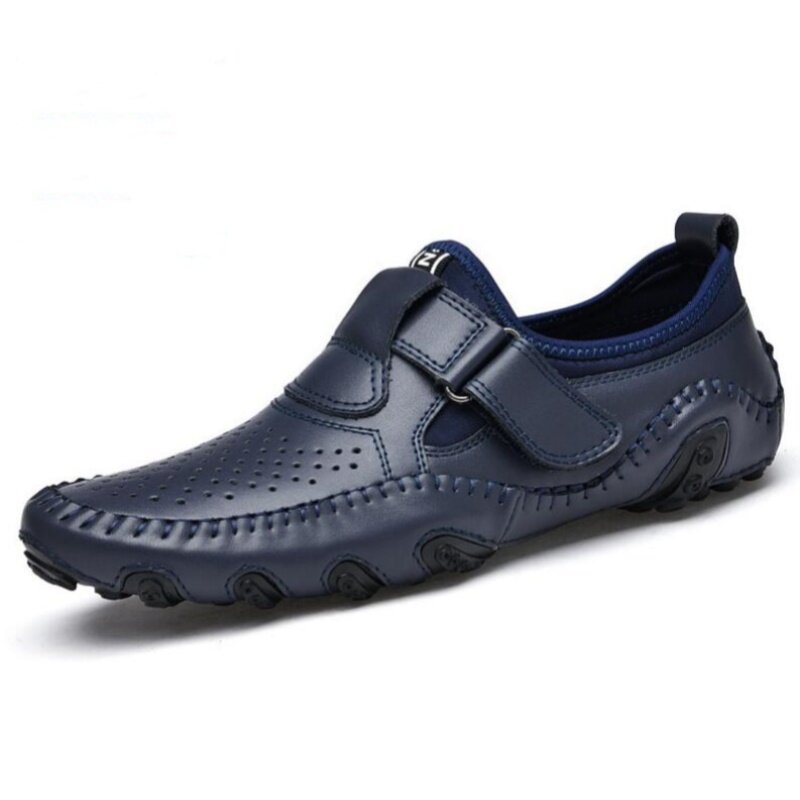 Mocassins de couro genuíno masculino, sapatos italianos casuais, ocos, respiráveis, de escorregar, verão