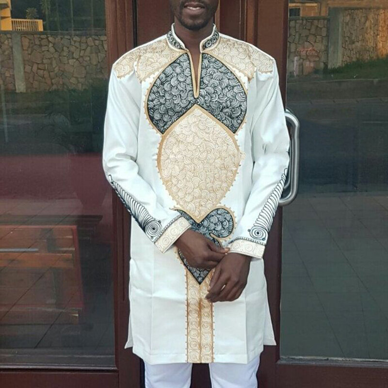 África dos homens riche bazin manga longa superior muçulmano moda imprimir blusa casual plus size branco camiseta dashiki africano do vintage camisas