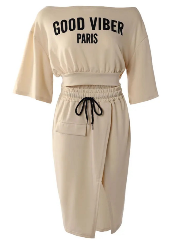 Женское платье из двух предметов с принтом Leter, топ на одно плечо с буквенным принтом и юбка миди с высоким разрезом и карманами