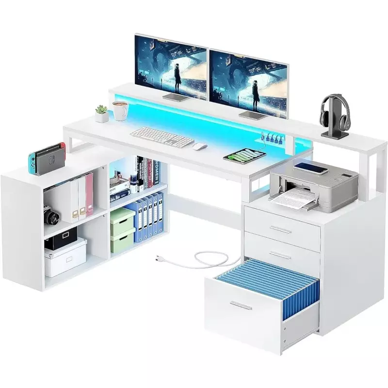Офисный шкаф L-образной формы с выходами мощности, шкафчик для файлов с лампочками, угловой компьютерный стол 65 дюймов с 3 ящиками и 4 полками для хранения, белый цвет