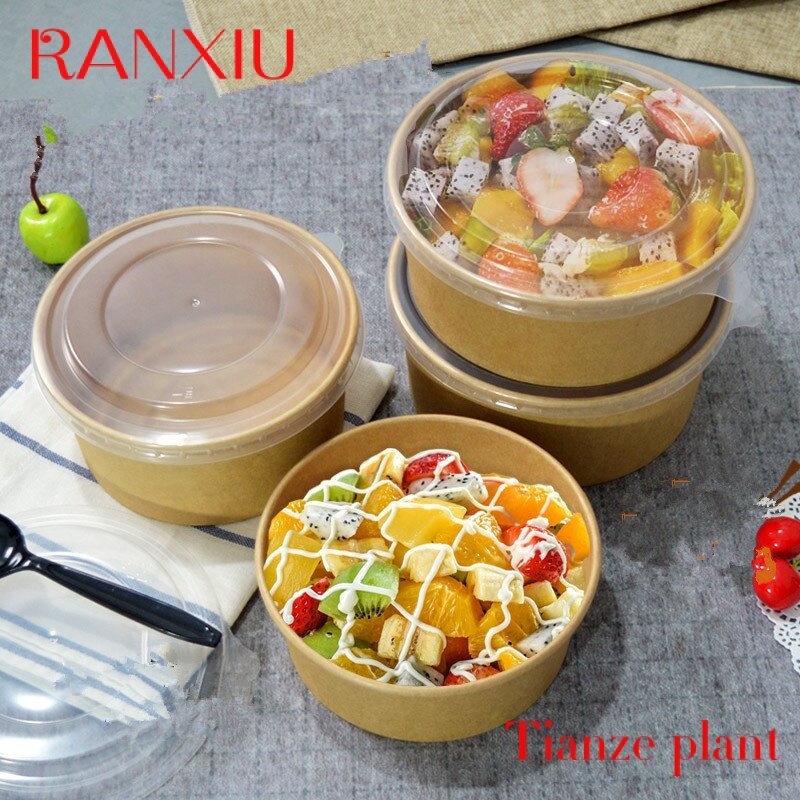 Custom % Eco Friendly Biodegradable food Packaging Cup Bowl PLA PE coating Disposable Brown Round Kraft Paper Salad Bowl With LI
