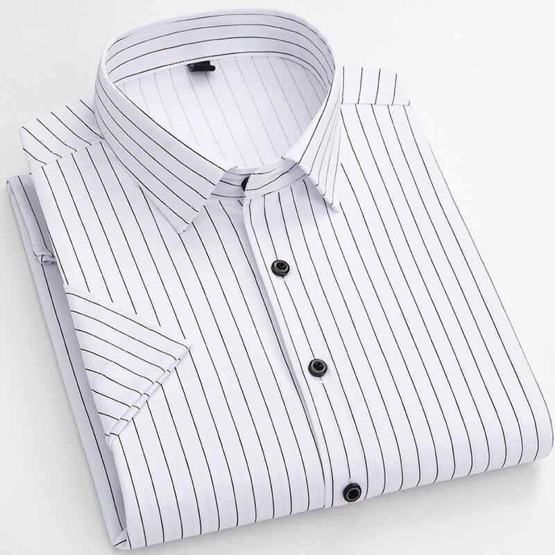 Letnia męska koszulka z krótkim rękawkiem rozciągliwa, bez prasowania, smukła, jednolita, biała modne koszule w paski