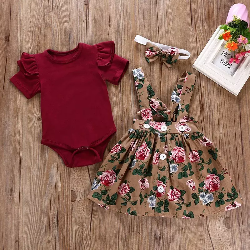 Conjunto de ropa para niña recién nacida de 3, 6, 9 y 12 meses, mono Floral, camiseta, falda con tirantes, Diadema con lazo