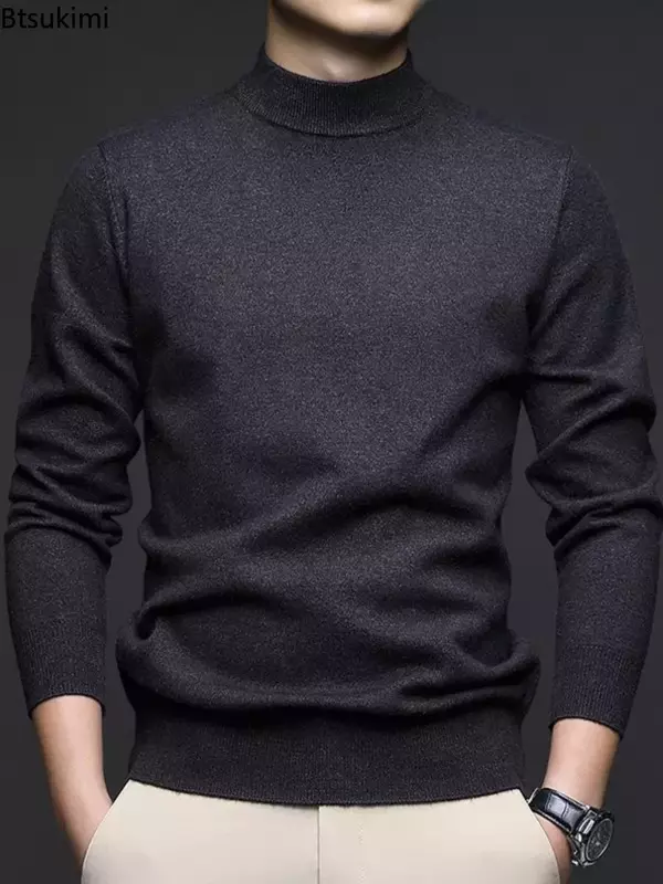 Suéter grueso y cálido para hombre, jersey de cuello medio alto, camisa inferior de lana, ropa para otoño e invierno, 2024
