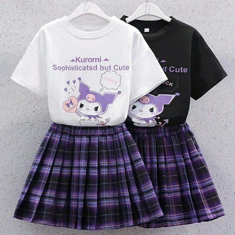 Sanrio New Girls gonna a pieghe t-Shirt Set Kuromi Summer Cute gonna Set Jk Sweet Shirt gonna a pieghe stile College Set a due pezzi